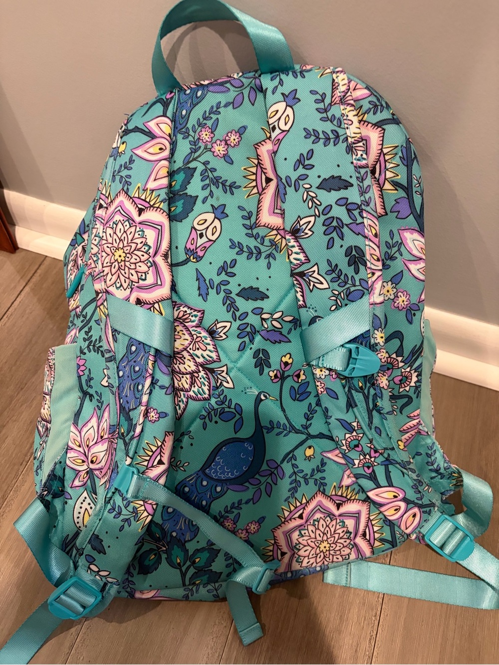 Vera Bradley Teal Floral Pattern Backpack with Pink Accents - Picture 5 of 5